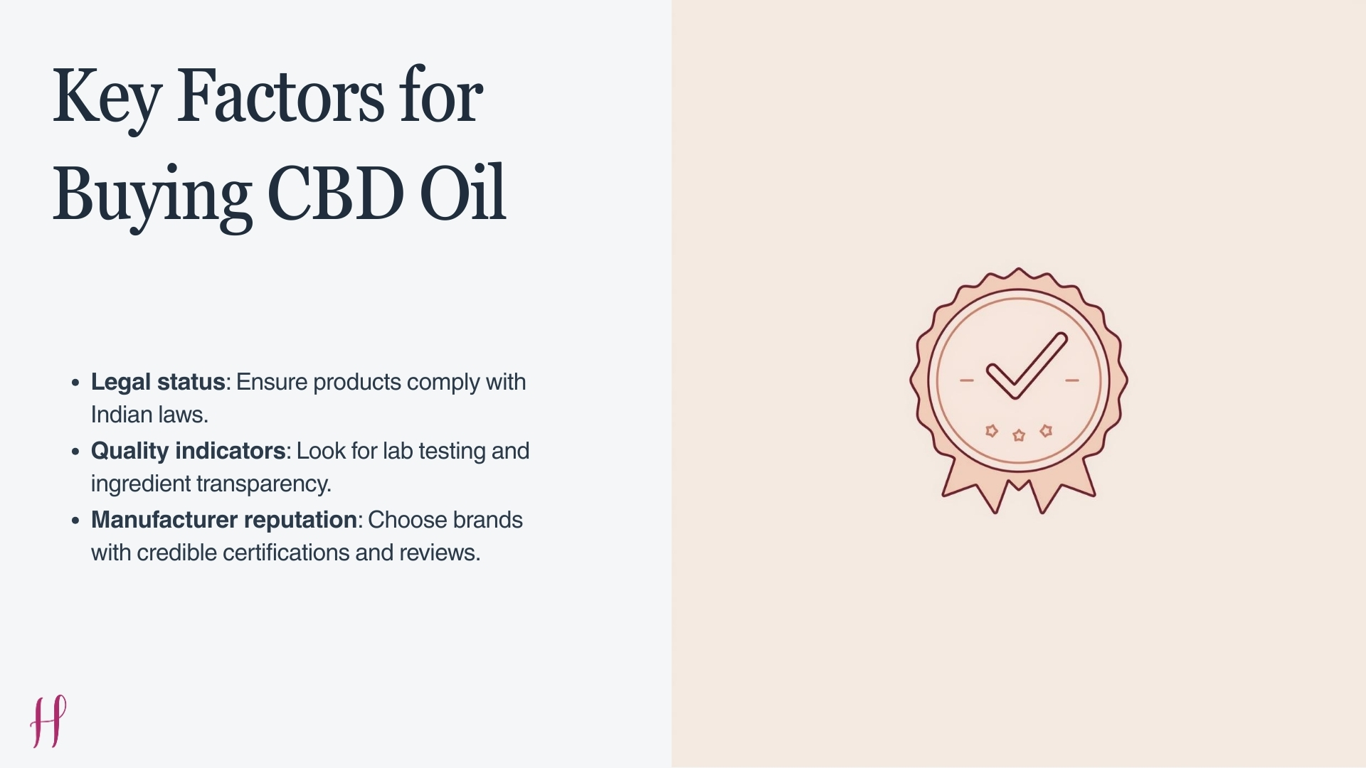 Checklist illustration showing legal compliance, quality testing, and trusted manufacturer selection for CBD oil